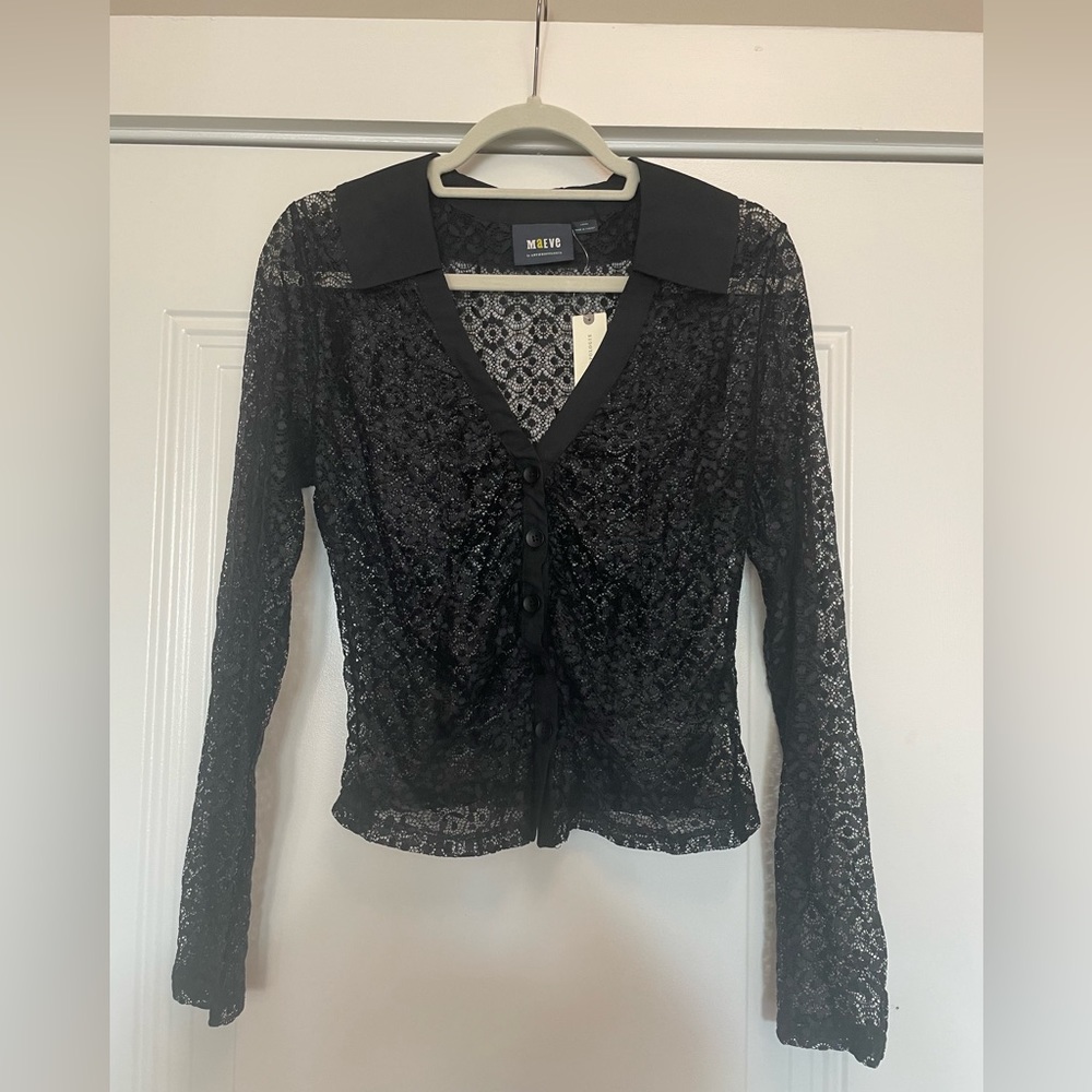 Maeve by Anthropologie Black Sheer Lace Button Down Top